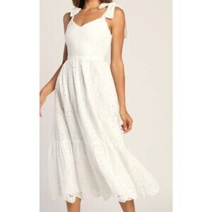 LULU'S SZ S Perfect Vacation White Eyelet Embroidery Tie-Strap Midi Dress B148